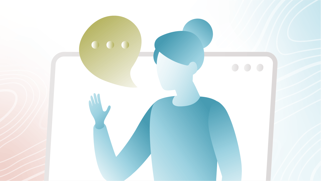An illustration of a person raising their right hand with a speech bubble. Behind them is a computer screen.