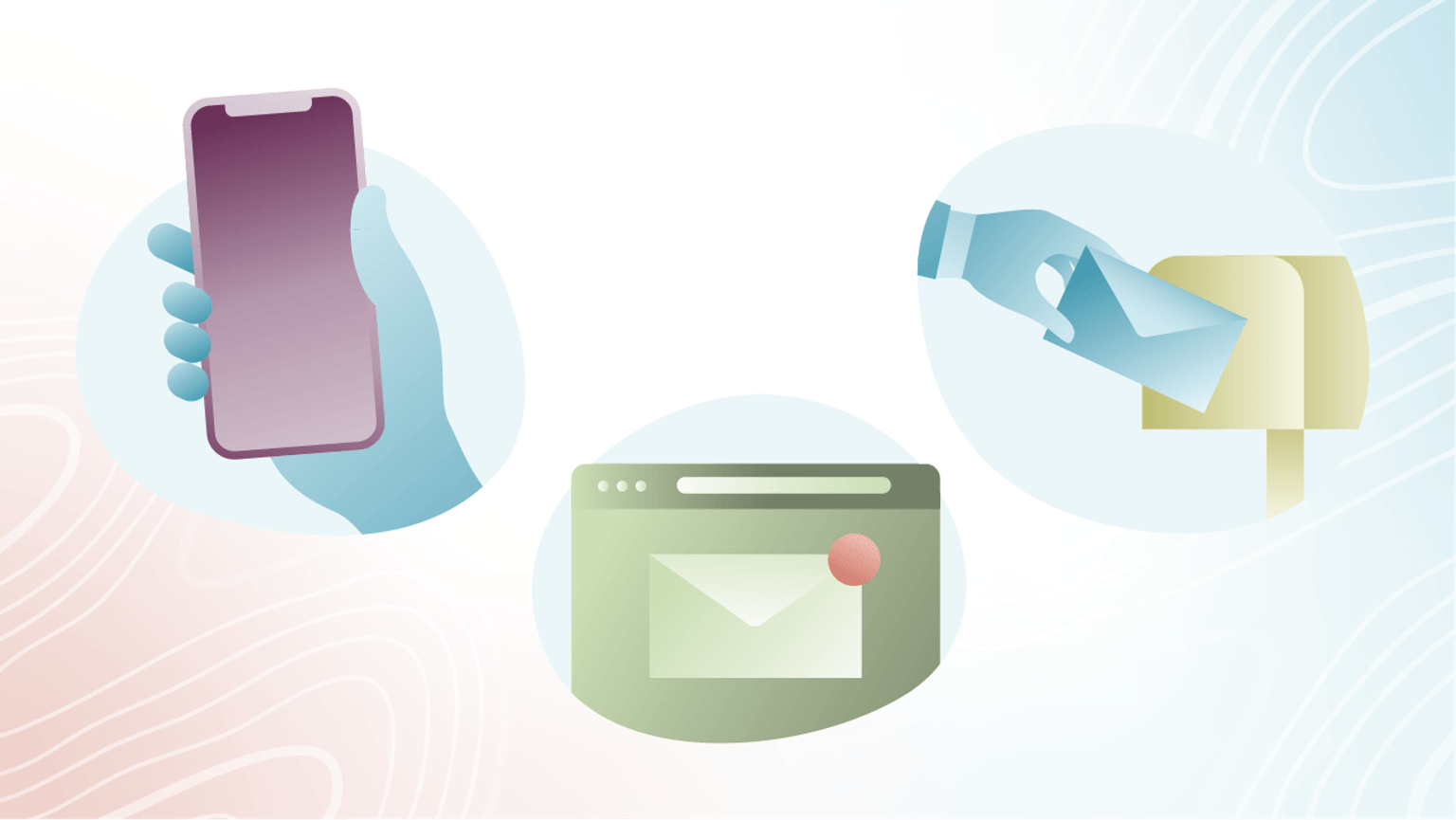 Illustrations of various contact methods, including phone, email and post