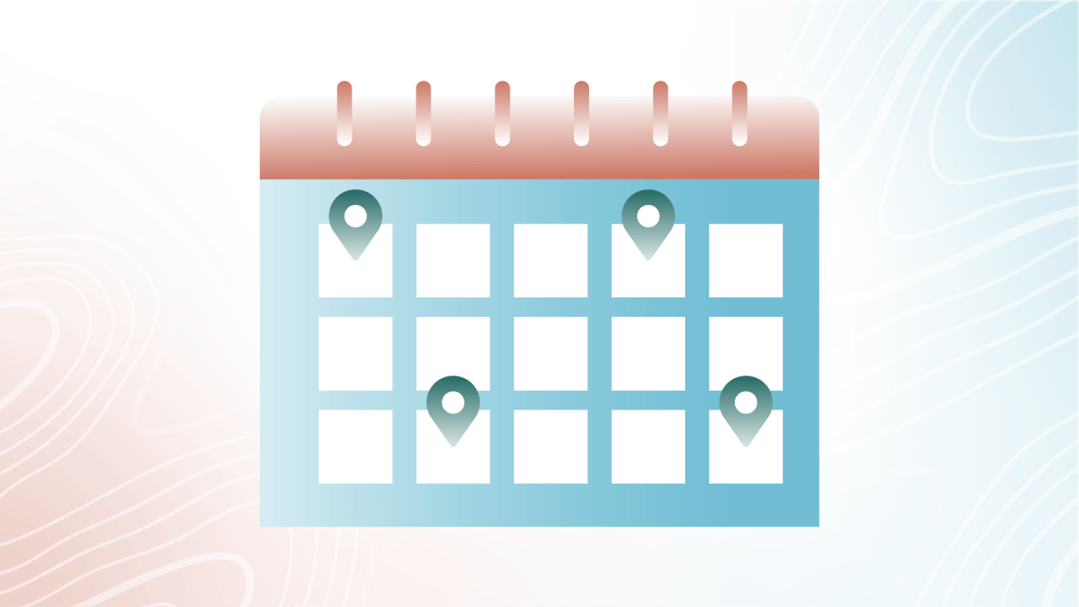 An illustrated calendar with pin drop symbols on selected dates.